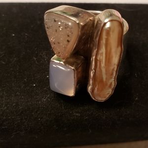 Vintage SS KH Biwa Pearl, milky quartz and druzy ring